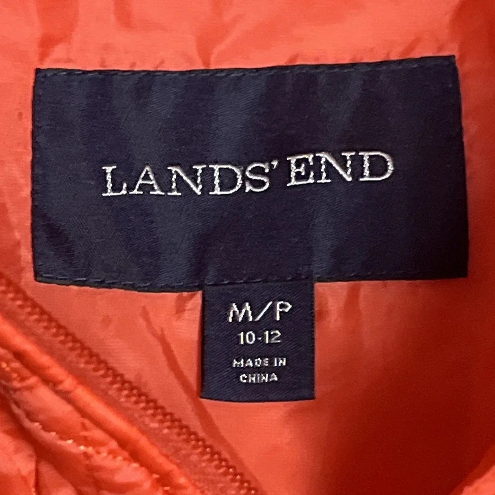 Lands‎ End Primaloft Quilted Jacket Orange Coral Full Zip Mock Neck Size M 10-12